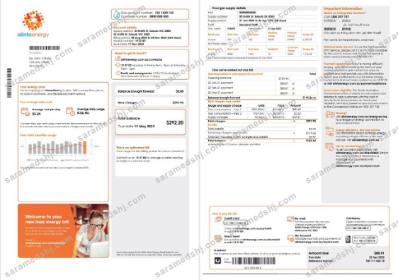 Australia Alinta Energy gas utility bill template in Word and PDF format, 2 pages